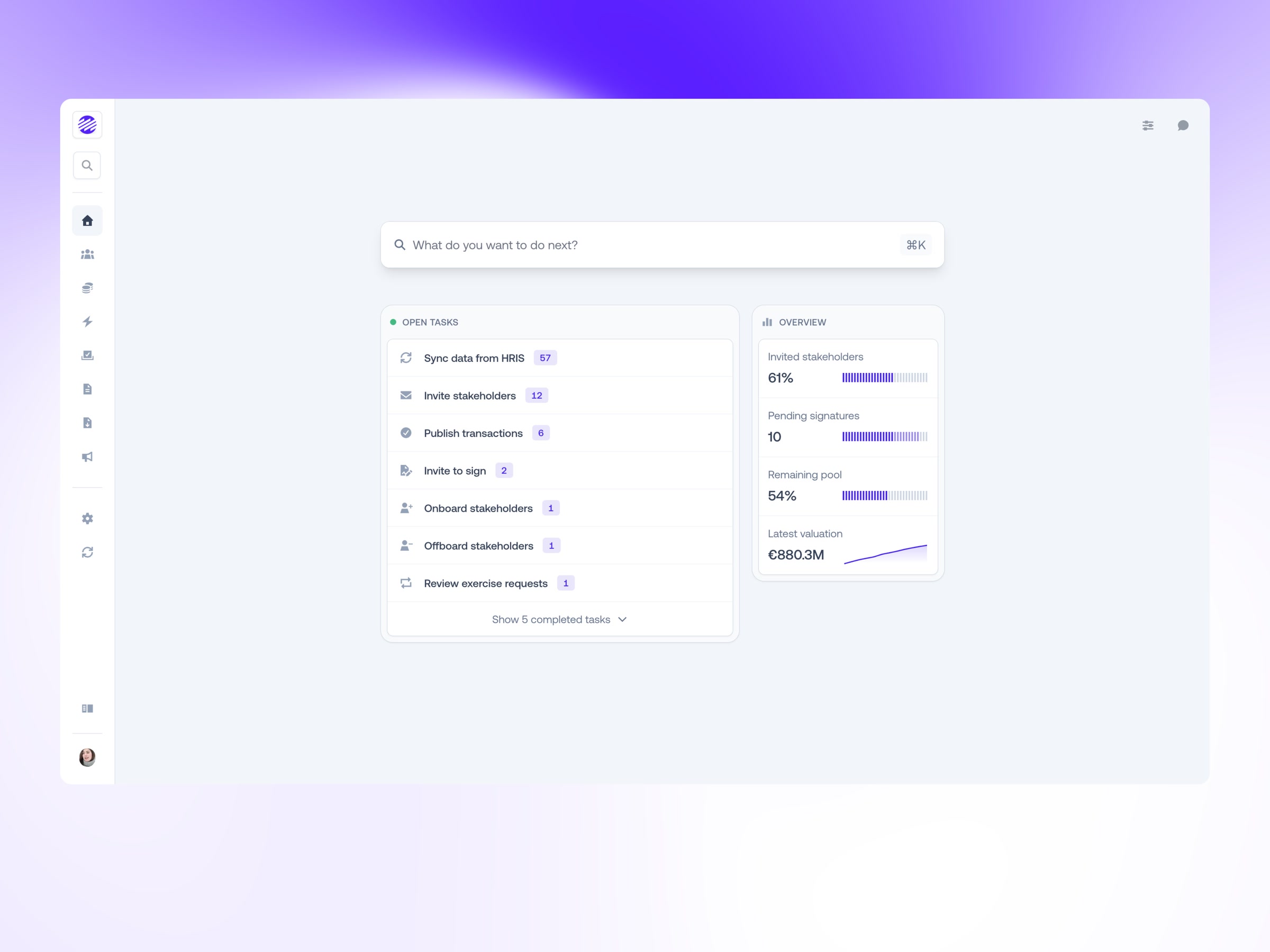 Redesigned Ledgy Admin Home with open tasks, search, and operational overview